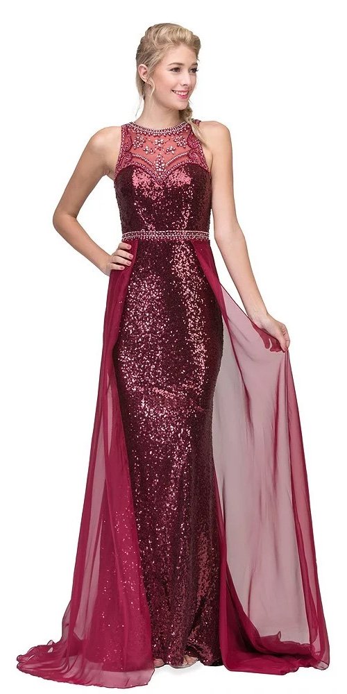 Eureka Fashion 3335 Illusion Sequins Prom Gown Sleeveless with Sheer Train Burgundy