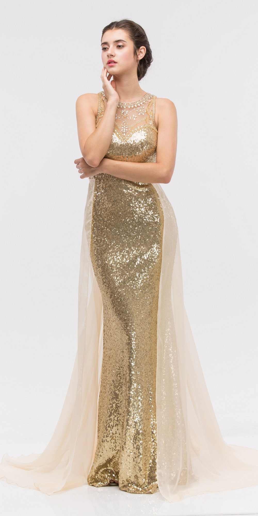 Eureka Fashion 3335 Illusion Sequins Prom Gown Sleeveless with Sheer Train Gold