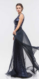 Eureka Fashion 3335 Illusion Sequins Prom Gown Sleeveless with Sheer Train Navy Blue