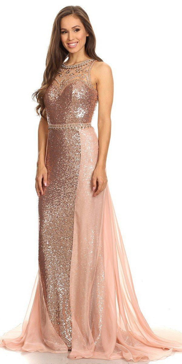 Eureka Fashion 3335 Illusion Sequins Prom Gown Sleeveless with Sheer Train Rose/Gold