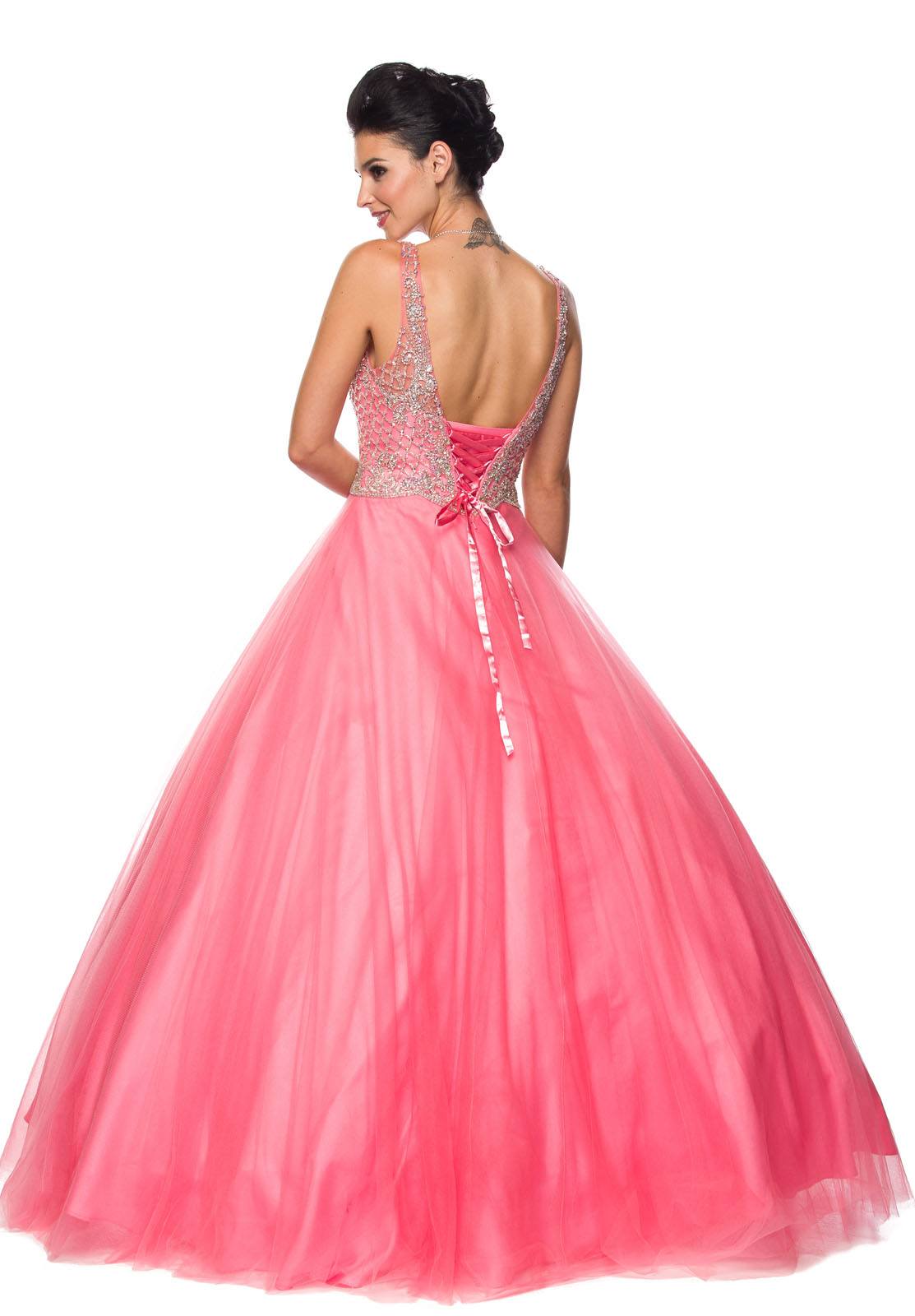 Coral V-Neck Quinceanera Dress Embellished Bodice Open Back