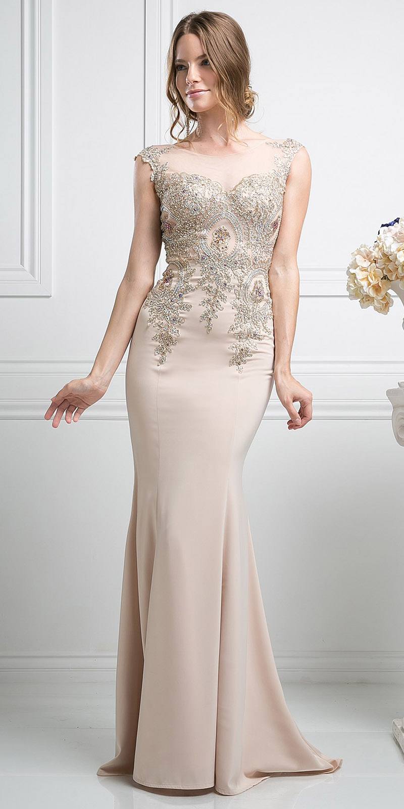 Cinderella Divine 35 Illusion Bateau Neck Embroidered Bodice Champagne Floor Length Prom Dress