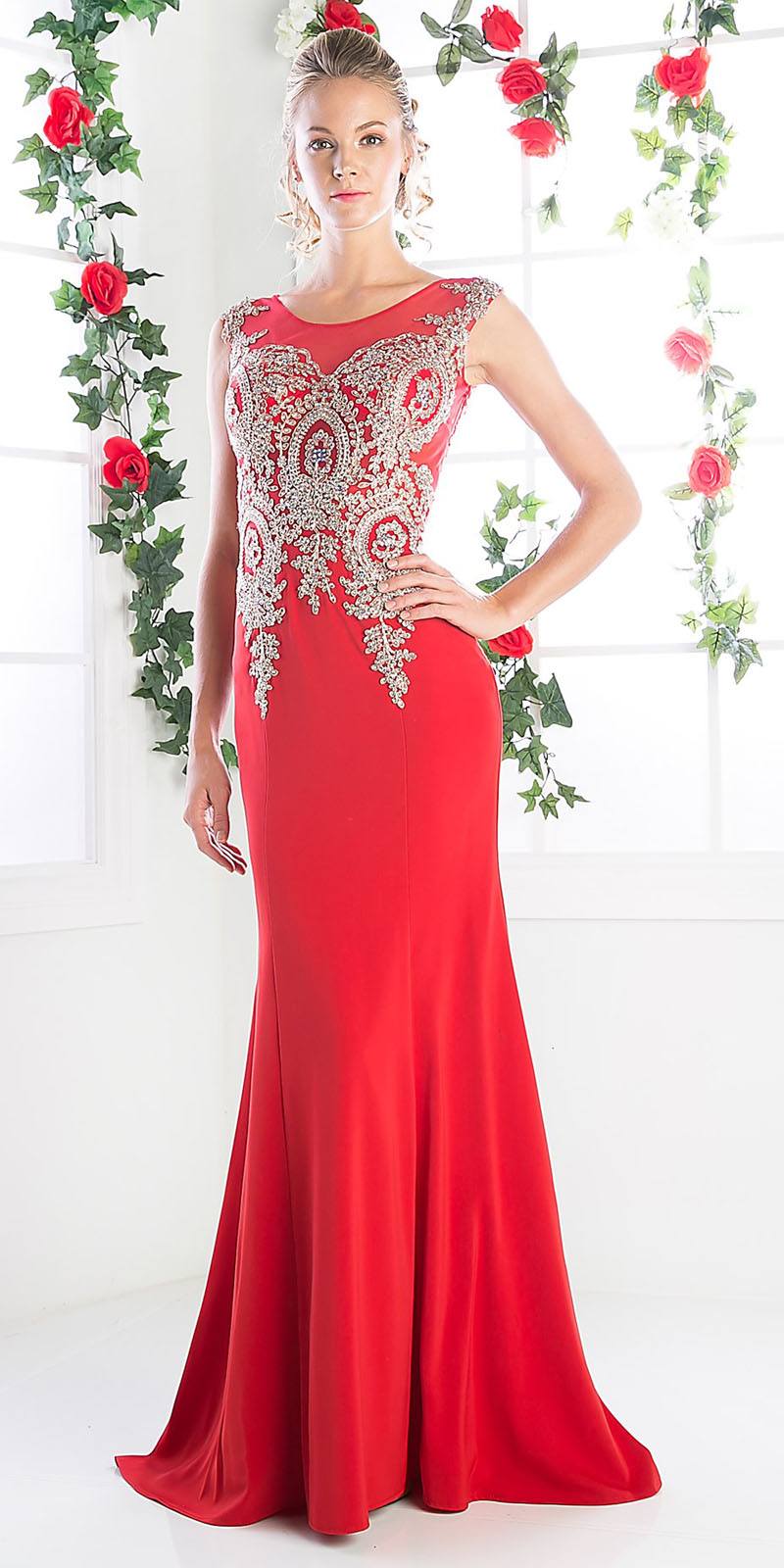 Cinderella Divine 35 Illusion Bateau Neck Embroidered Bodice Red Floor Length Prom Dress