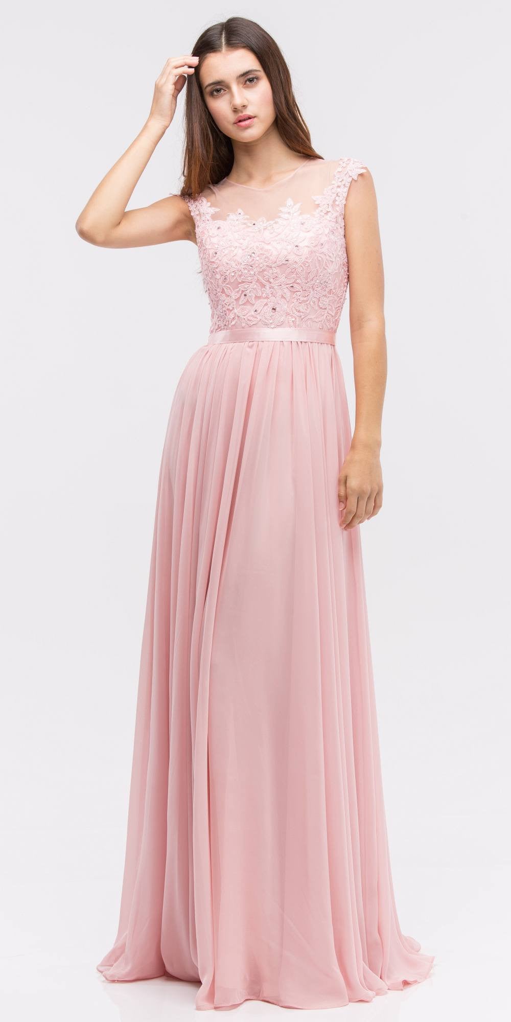 Lace Illusion Bodice Bateau Neck A-line Long Dress Dusty-Pink