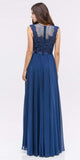 Lace Illusion Bodice Bateau Neck A-line Long Dress Navy Blue Back