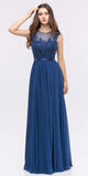Lace Illusion Bodice Bateau Neck A-line Long Dress Navy Blue