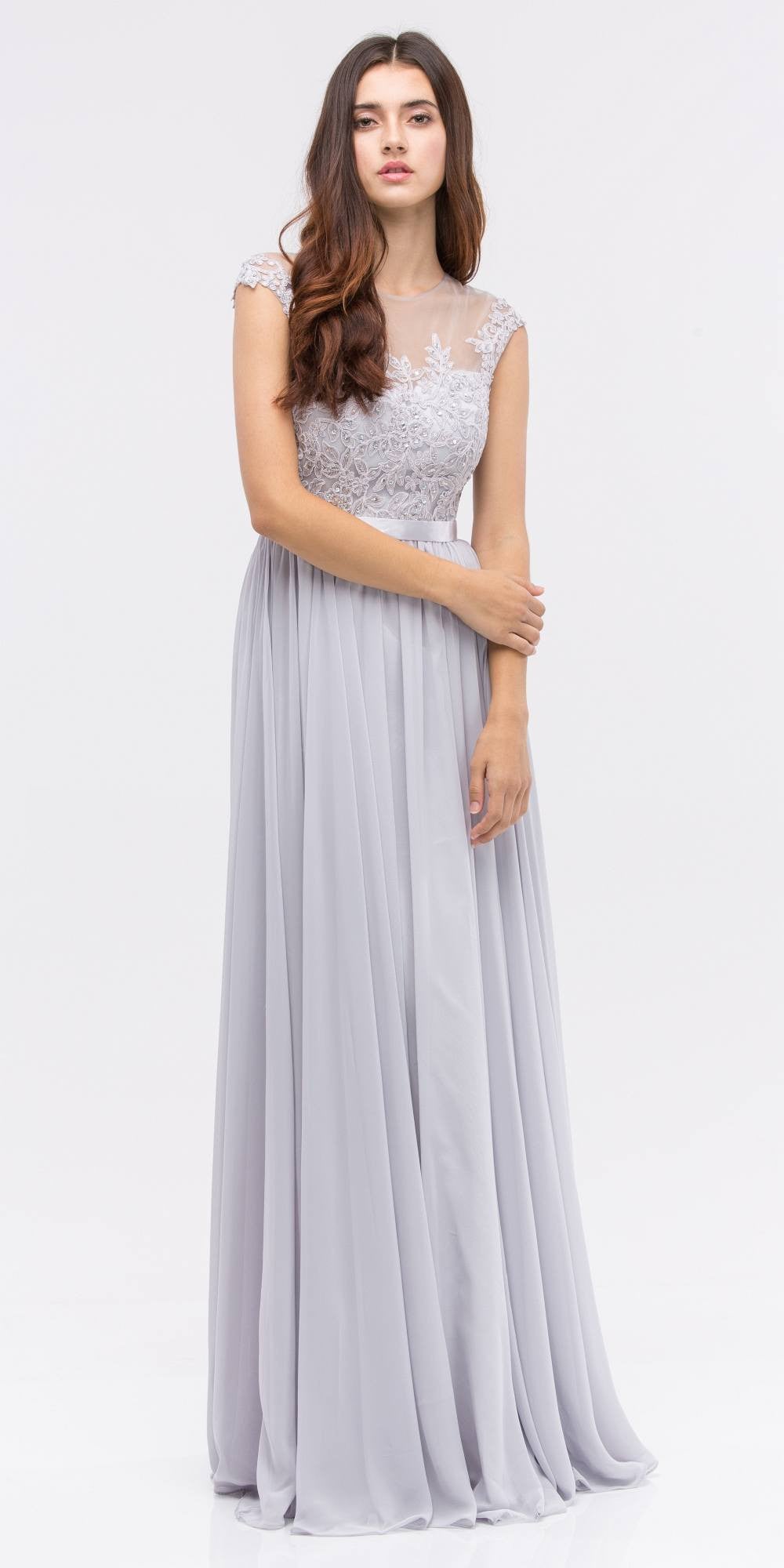 Lace Illusion Bodice Bateau Neck A-line Long Dress Silver