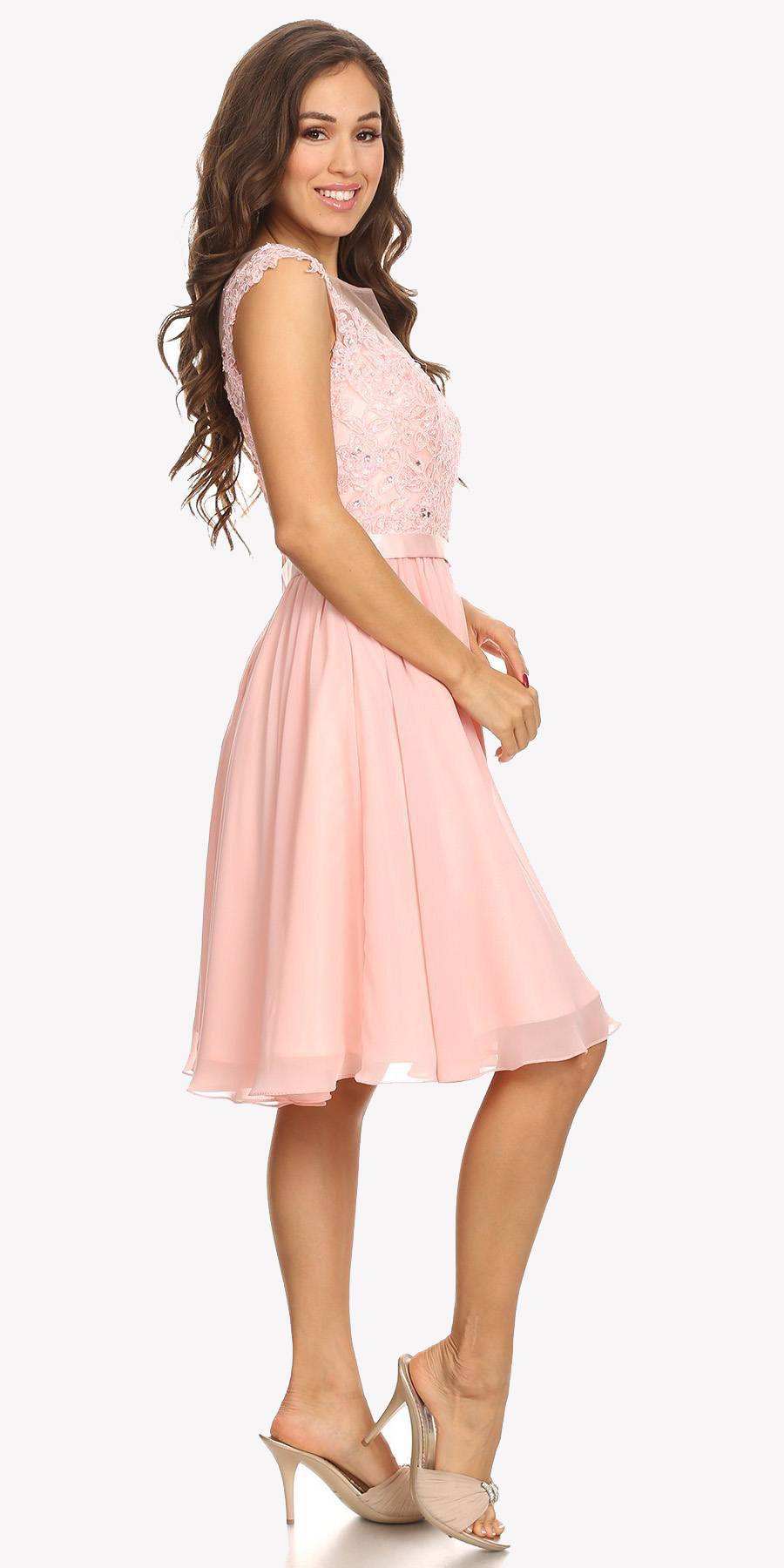 Appliqued Bodice Wedding Guest A-Line Dress Knee-Length Dusty Pink