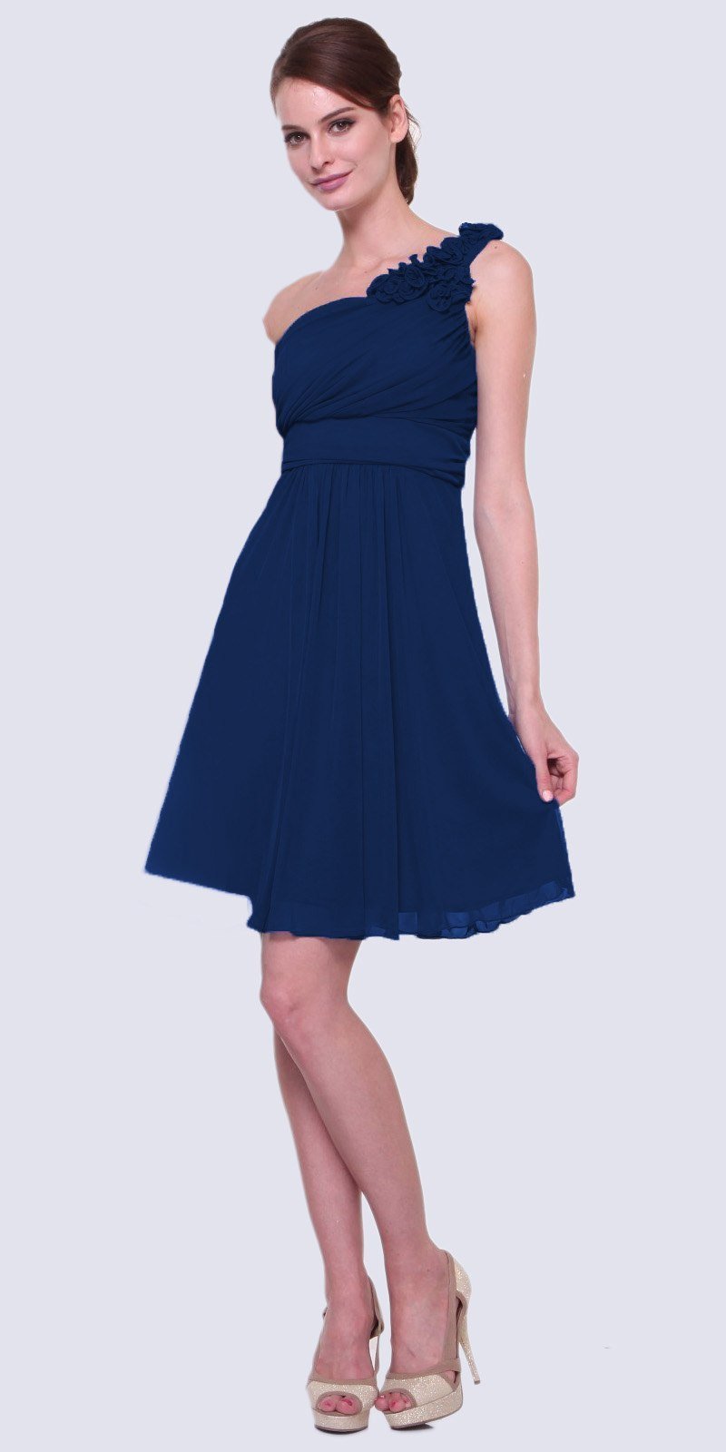 Cinderella Divine 3909 Navy Blue One Shoulder Chiffon Knee Length Bridesmaid Dress