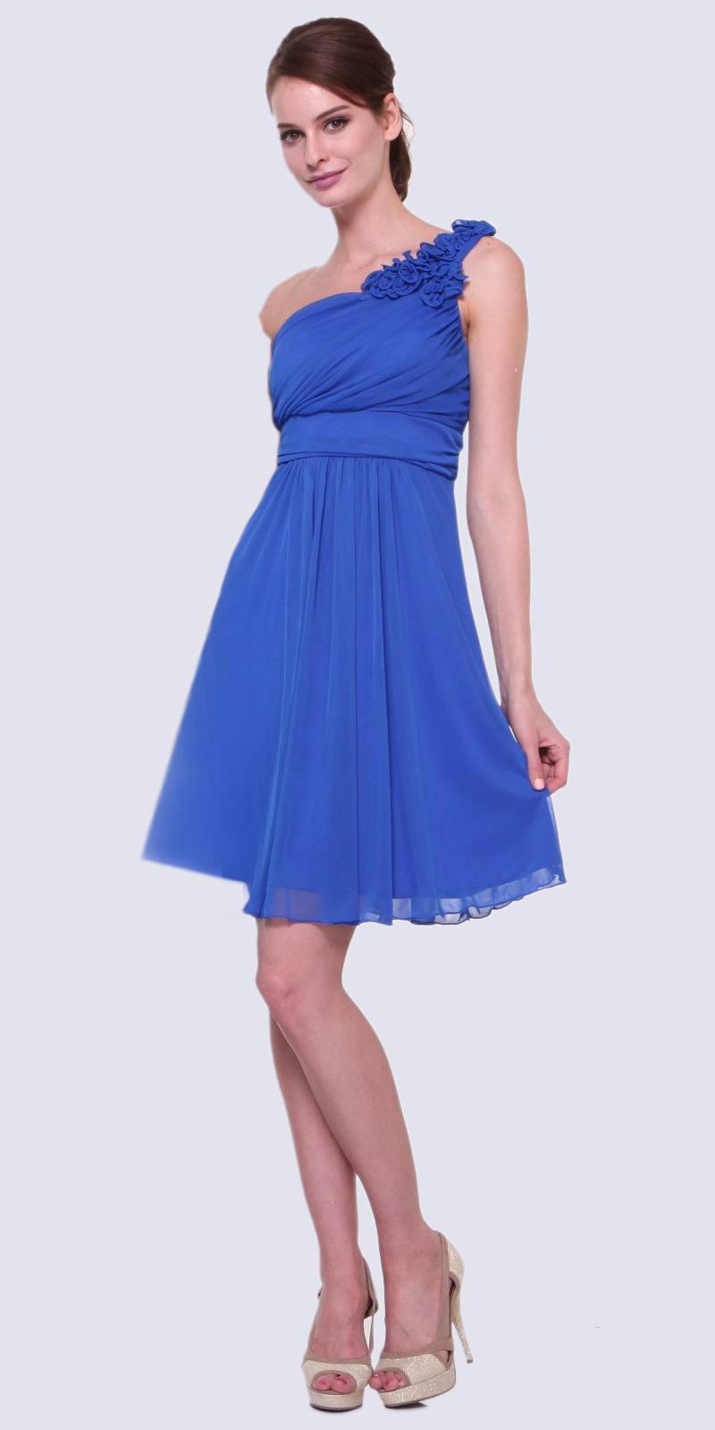 Cinderella Divine 3909 Royal Blue One Shoulder Chiffon Knee Length Bridesmaid Dress