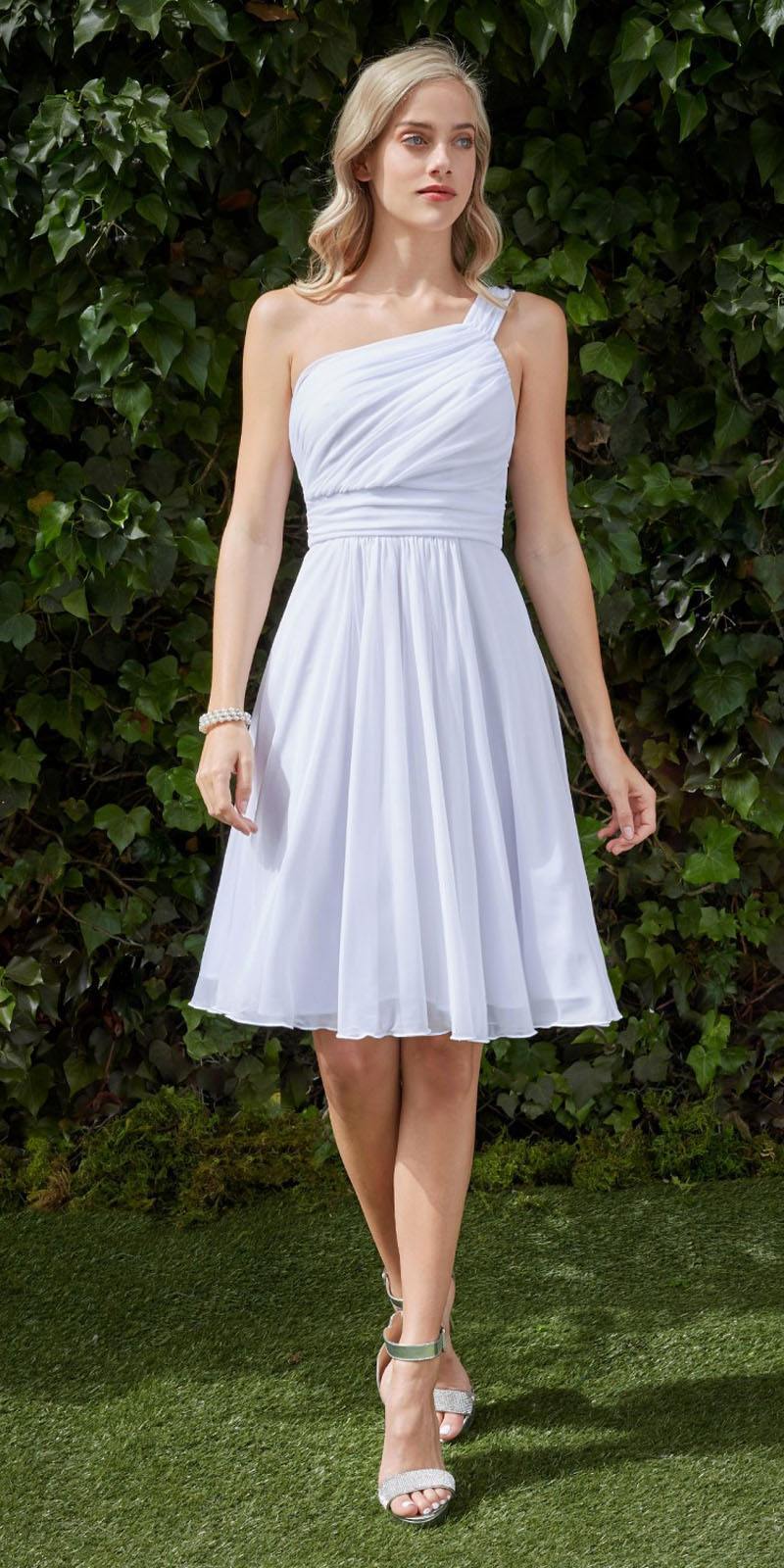 Cinderella Divine 3909 White One Shoulder Chiffon Knee Length Bridesmaid Dress