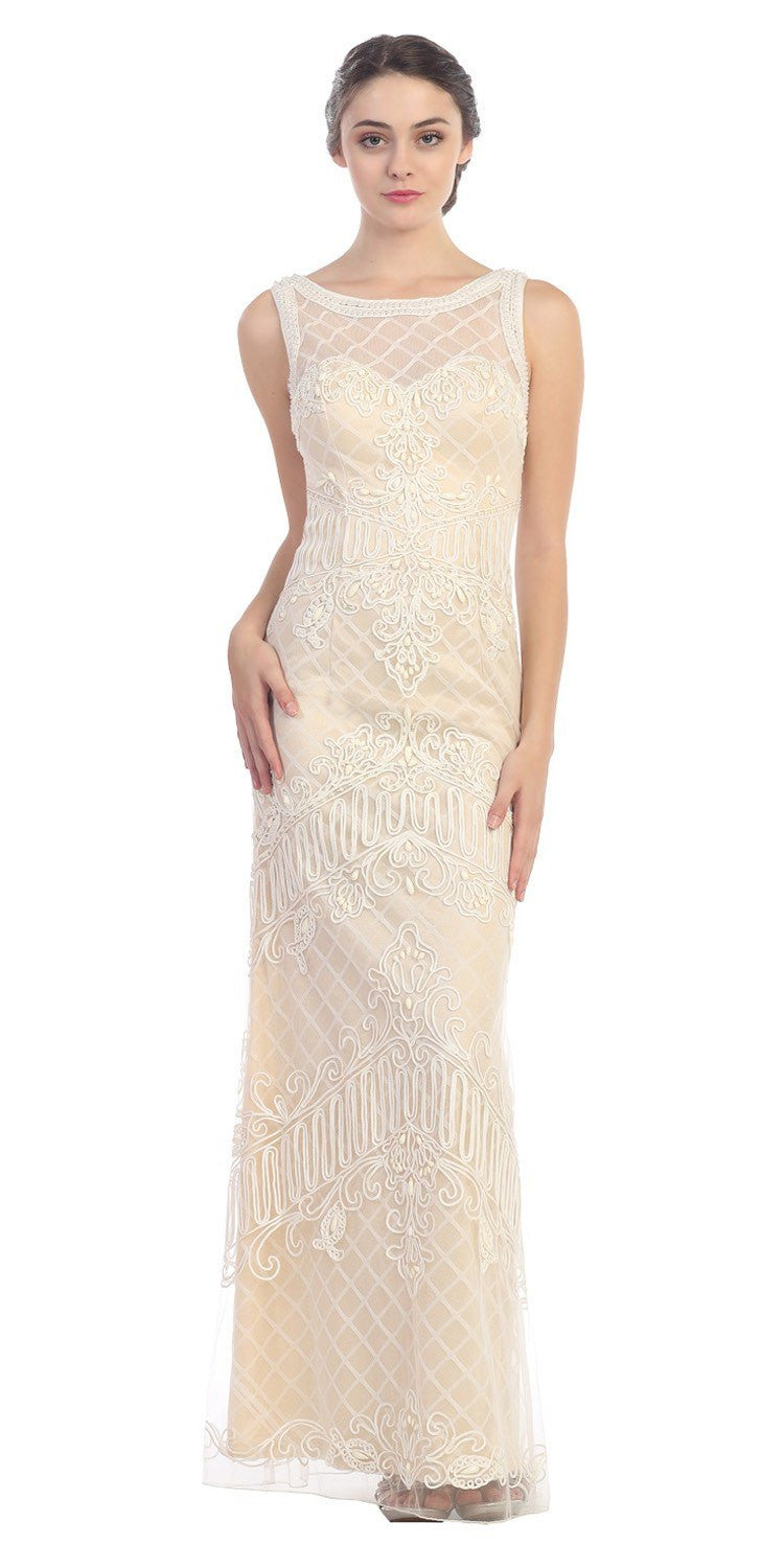 Ivory/Champagne Satin and Corded Lace Long Column Dress Formal