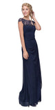 Beaded Long Formal Dress Ruched Back Navy Blue
