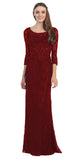 Burgundy Lace Beaded Long Formal Dress with Three Quarter Sleeves 
