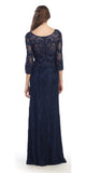 Navy Blue Lace Beaded Long Formal Dress with Three Quarter Sleeves 
