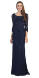 Navy Blue Lace Beaded Long Formal Dress with Three Quarter Sleeves 