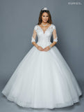 White Quarter Sleeves Wedding Ball Gown V-Neck 