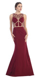 Embellished Cut Out Bodice Fit and Flare Long Prom Dress Burgundy
