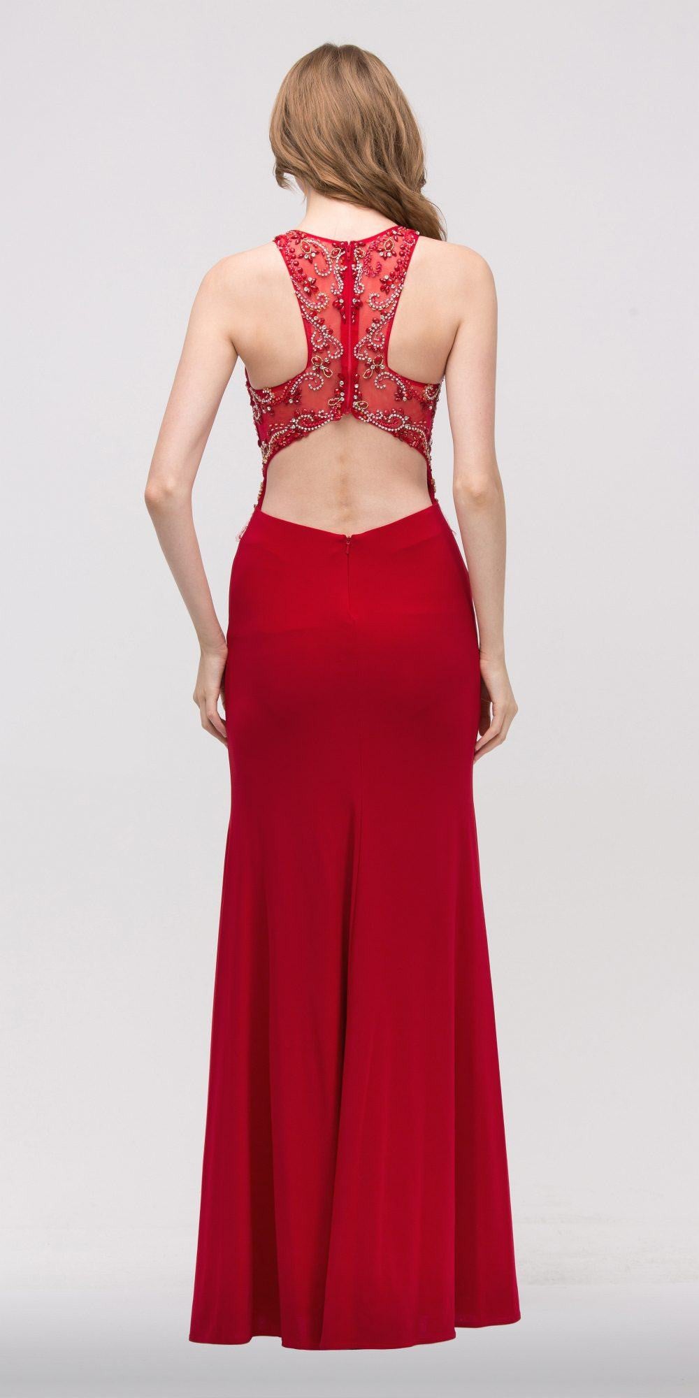Grecian Inspired Gown Red Floor Length Illusion Neck Beads Back