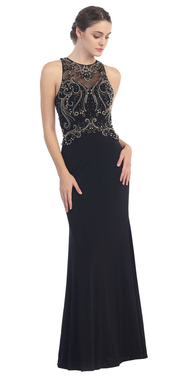 Grecian Inspired Gown Black Floor Length Illusion Neck Beads