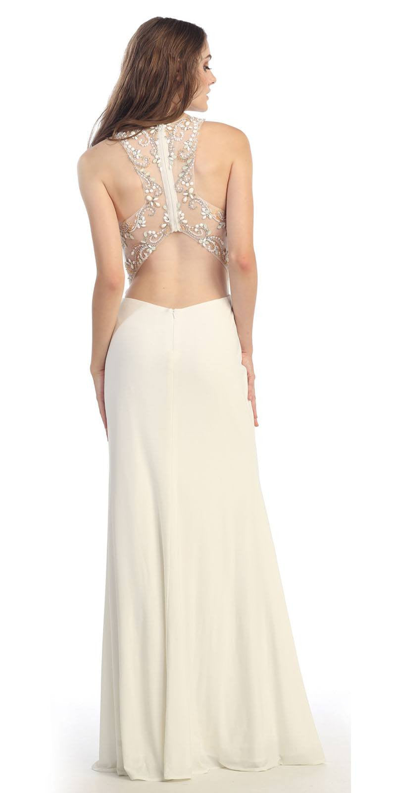 Grecian Inspired Gown Ivory Floor Length Illusion Neck Beads Back