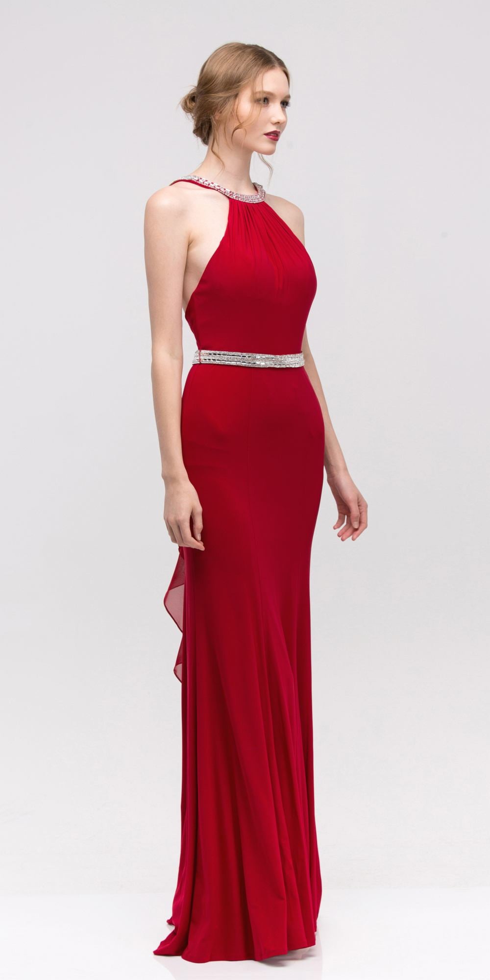 Red Halter Jeweled Neck and Waist  Open Back Jersey Long Prom Dress