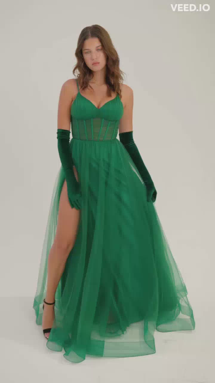 Eureka Fashion 9177 Long A-Line Mesh Ball Gown with Leg Slit