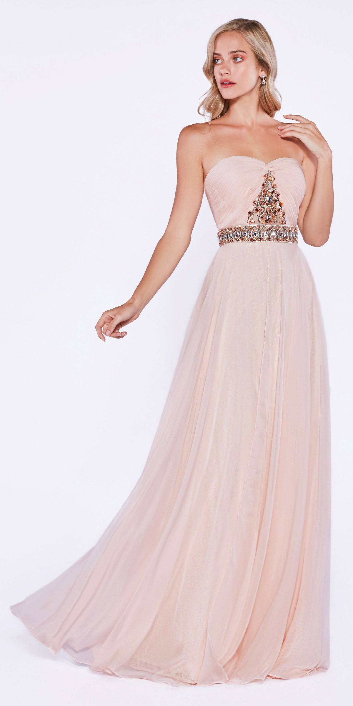Cinderella Divine 4079 Blush Strapless Jeweled Ruched Bodice Chiffon Prom Dress Long