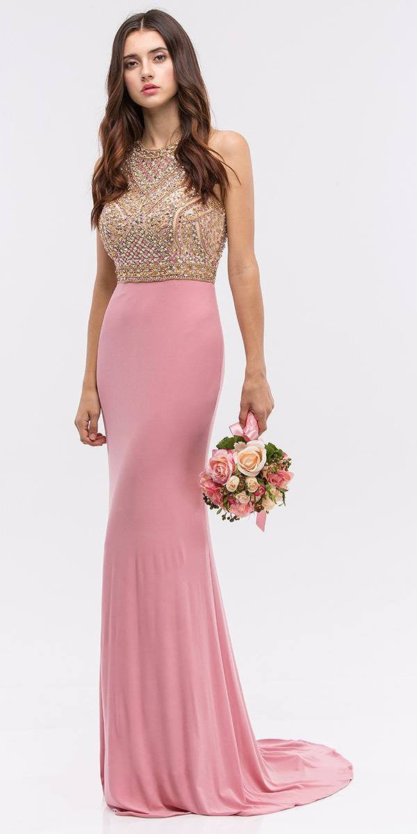 Dusty Pink Beaded Bodice Mermaid Jersey Skirt Long Prom Dress