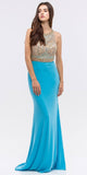Turquoise Beaded Bodice Mermaid Jersey Skirt Long Prom Dress