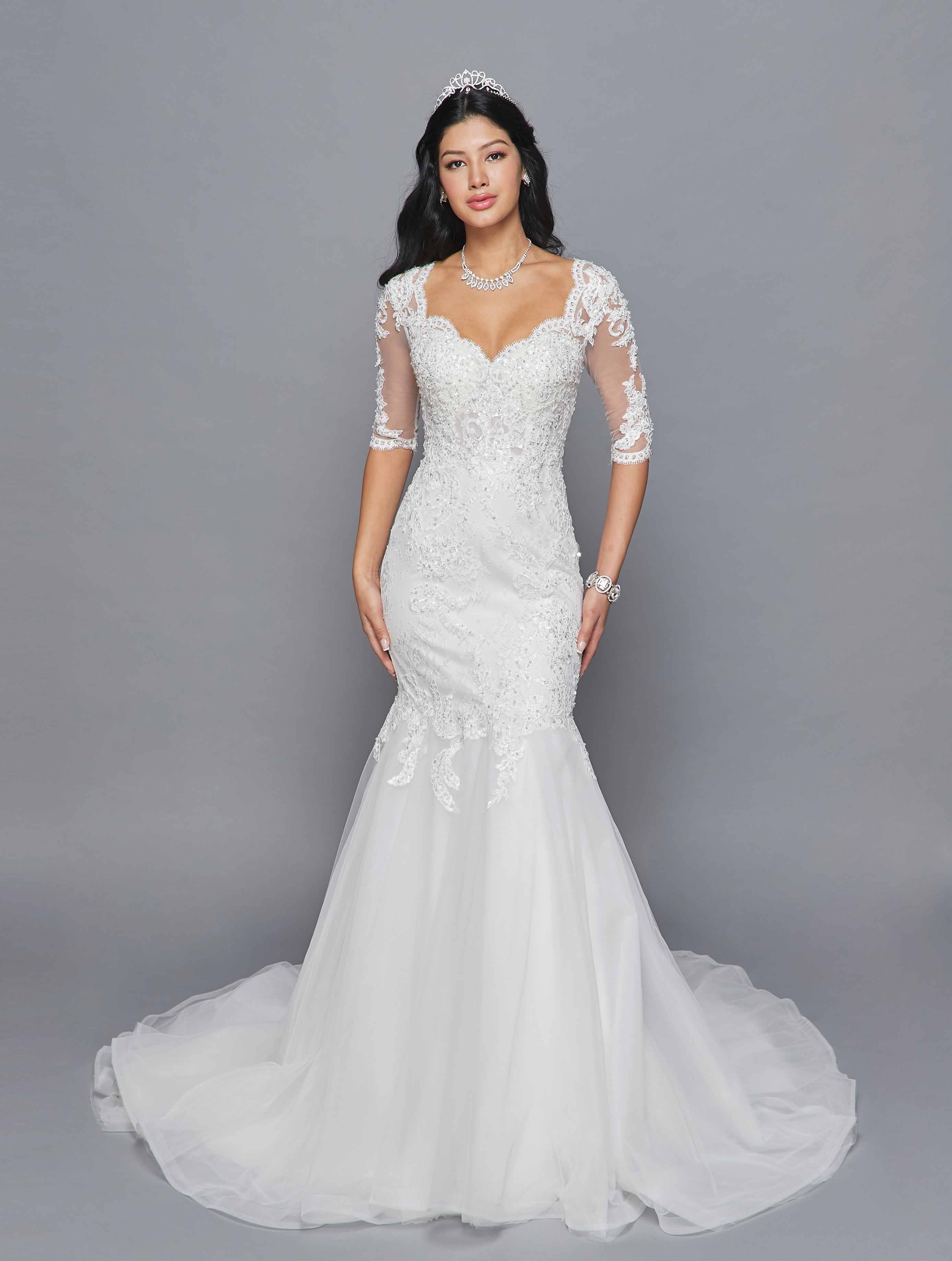 DeKlaire Bridal 418 Mid Length Sleeve V-Neckline Mermaid Court Train Wedding Dress Beaded Lace Applique