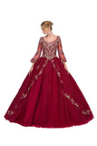 Burgundy Appliqued Long Quinceanera Dress with Bell Sleeves