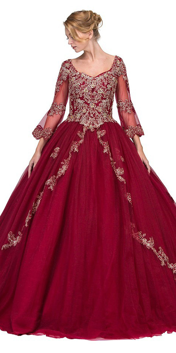 Burgundy Appliqued Long Quinceanera Dress with Bell Sleeves