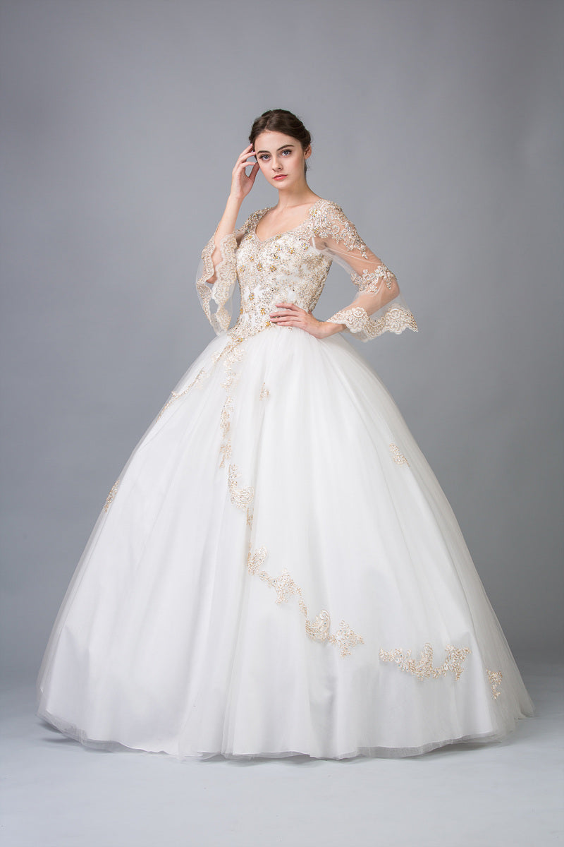 Ivory/Gold Appliqued Long Quinceanera Dress with Bell Sleeves