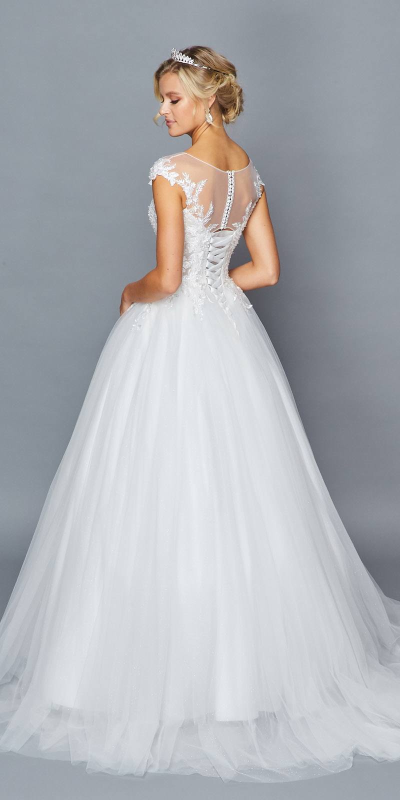 DeKlaire Bridal 425 Illusion Boat Neckline Cap Sleeve A-Line Court Train Wedding Dress Lace Sequins Applique.