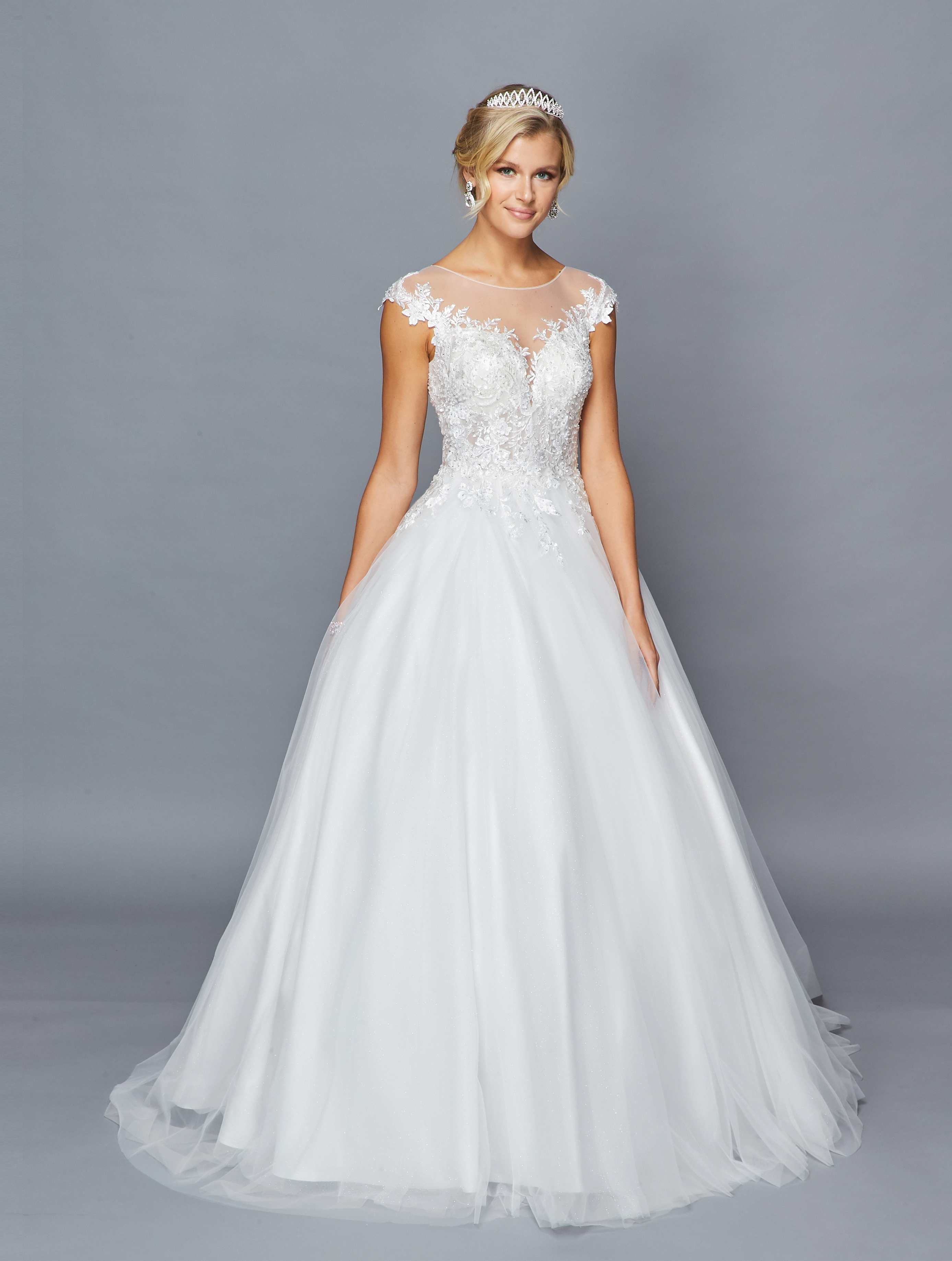 DeKlaire Bridal 425 Illusion Boat Neckline Cap Sleeve A-Line Court Train Wedding Dress Lace Sequins Applique.