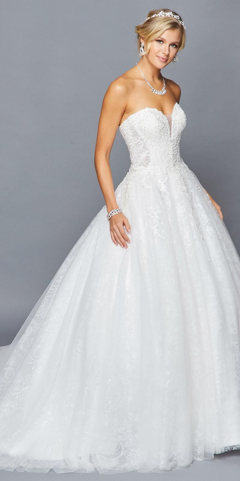 DeKlaire Bridal 429 Strapless Sweetheart Neckline Chapel Train Ballgown Wedding Dress Lace Applique