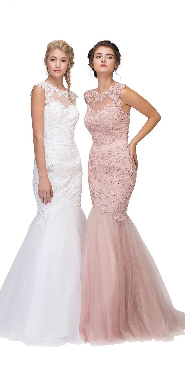Eureka Fashion 4510 Cut Out Back Floor Length Mermaid-Style Sleeveless Wedding Gown Dusty Rose and White