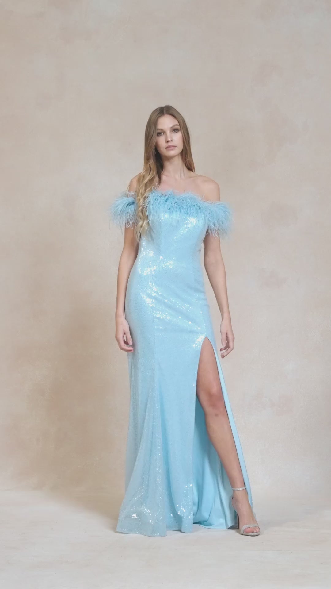 Juliet 292 Long Feather Neckline Off the Shoulder High Slit Prom Gown