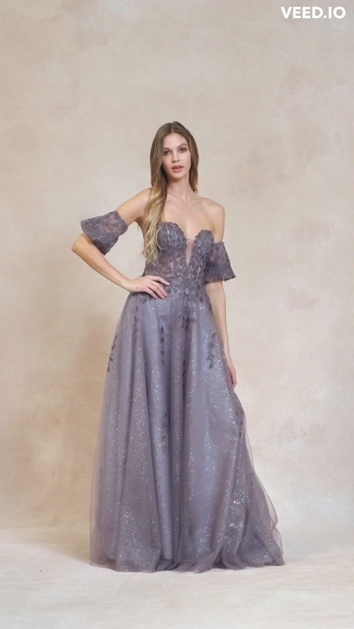 Juliet 2409 Floor Length A-Line Leaf Embroidered Gown Detachable Sleeves
