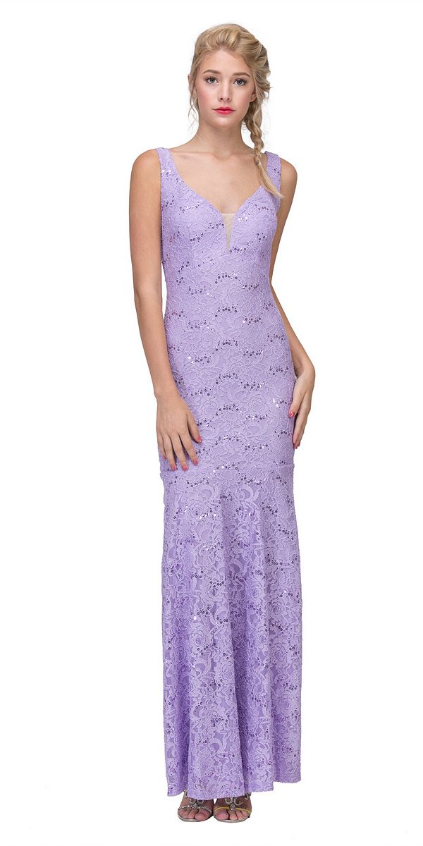 Eureka Fashion 5010 Lace Mermaid Evening Gown V-Neck with Mesh Panel Lilac