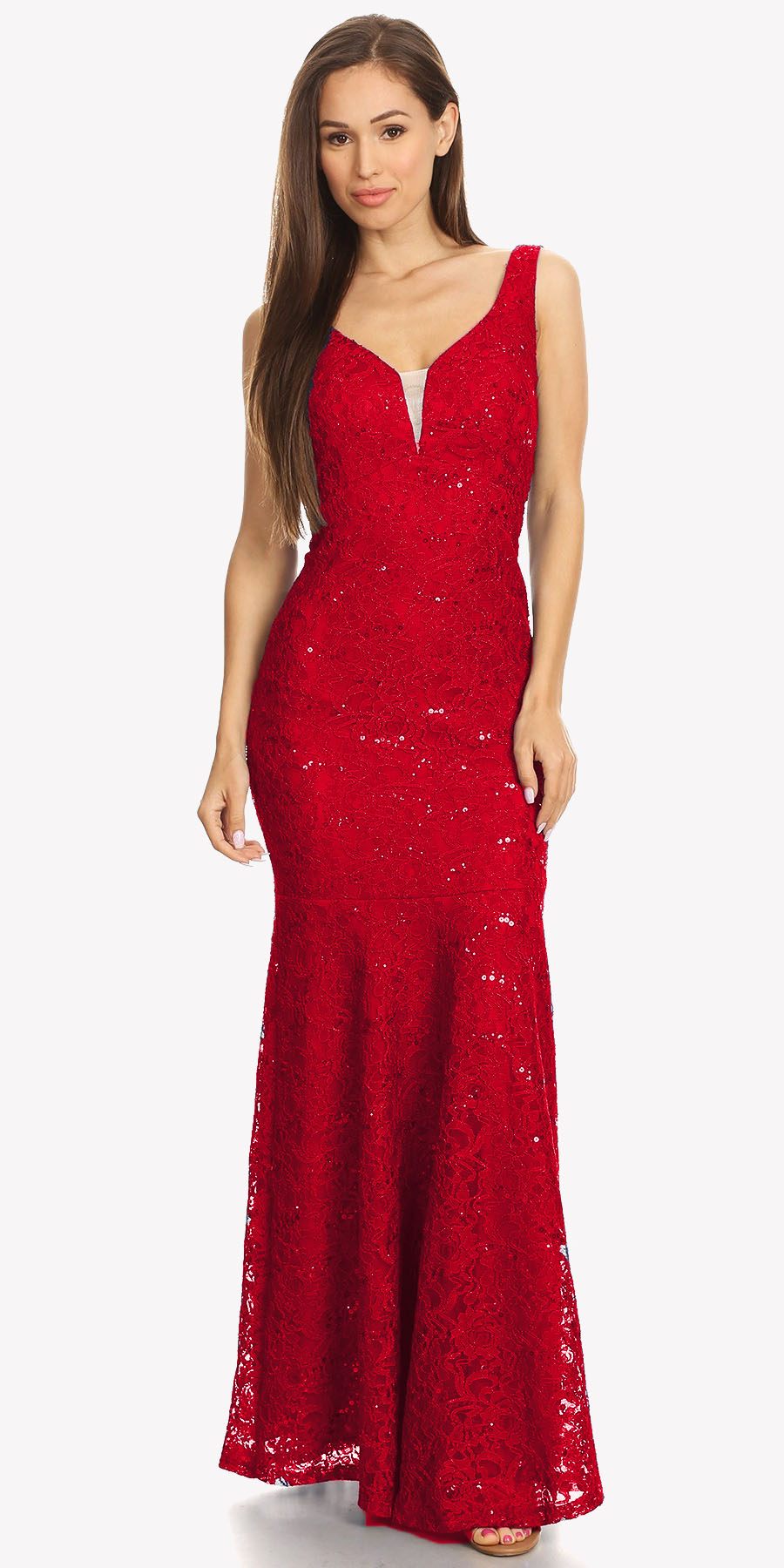 Lace Mermaid Evening Gown V-Neck with Mesh Panel Red
