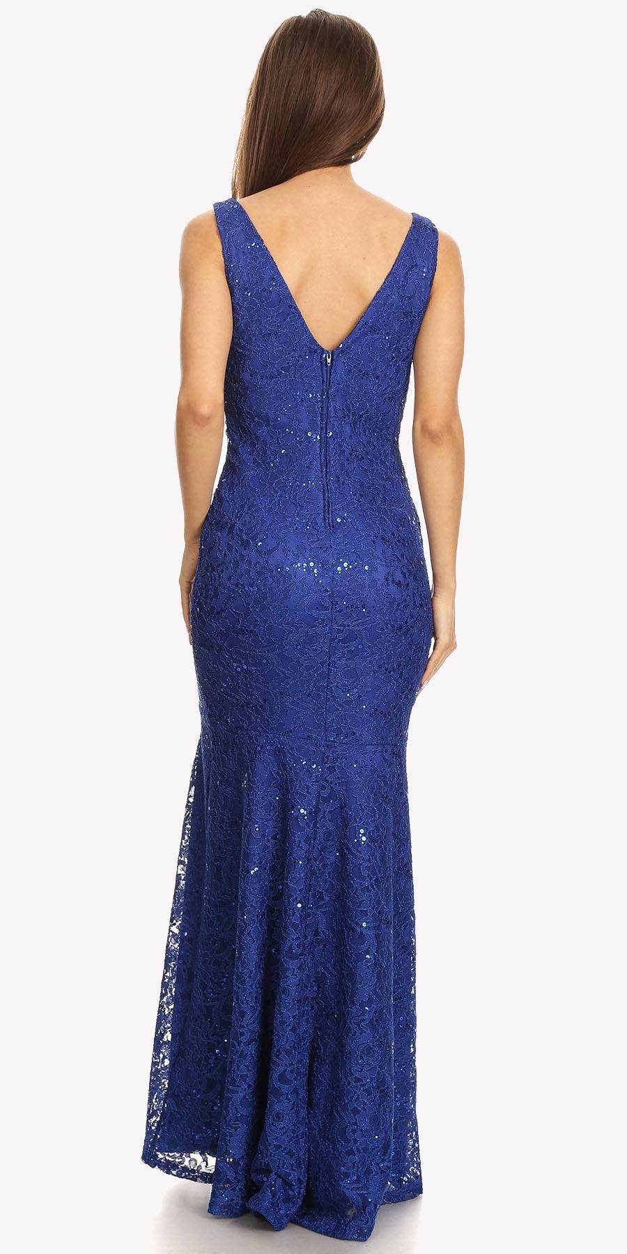 Lace Mermaid Evening Gown V-Neck with Mesh Panel Royal Blue