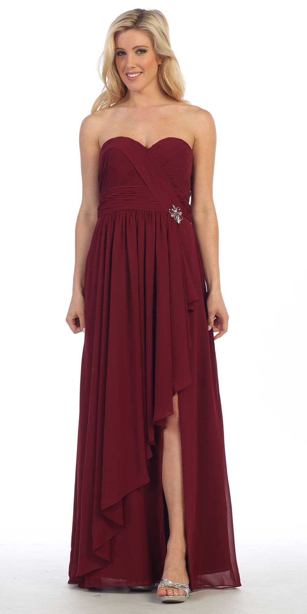 Long Strapless Chiffon Ruched Burgundy Strapless Gown Corset Back