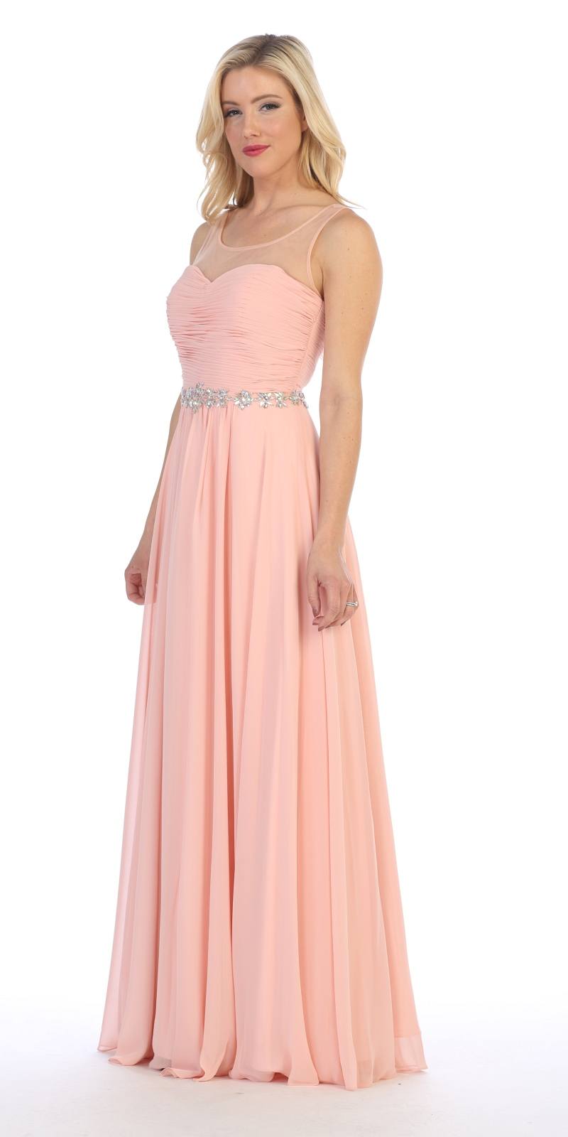 Celavie 5020 Blush Illusion Ruched Bodice Long Formal Dress Sleeveless Side View