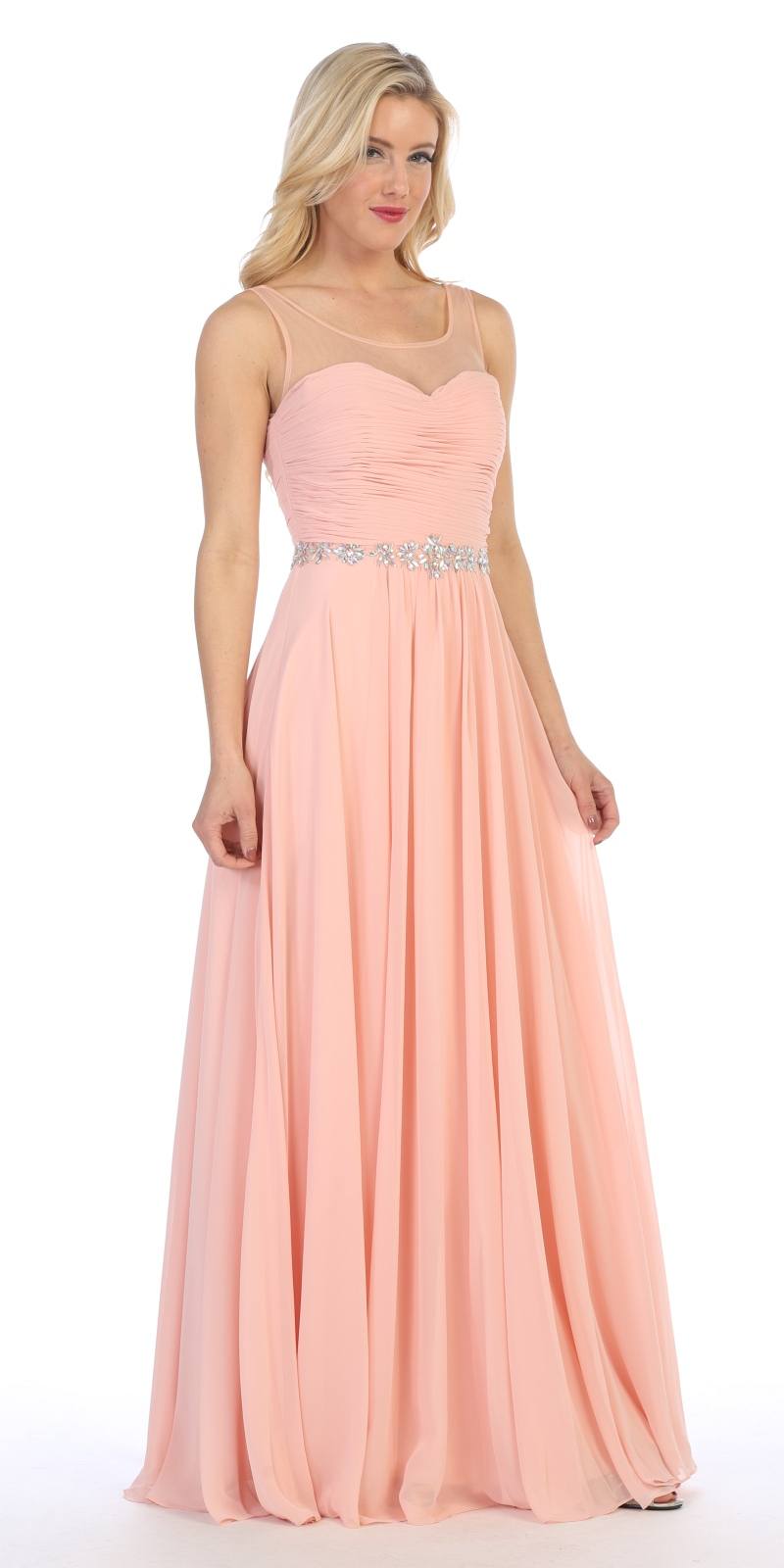 Celavie 5020 Blush Illusion Ruched Bodice Long Formal Dress Sleeveless Side View