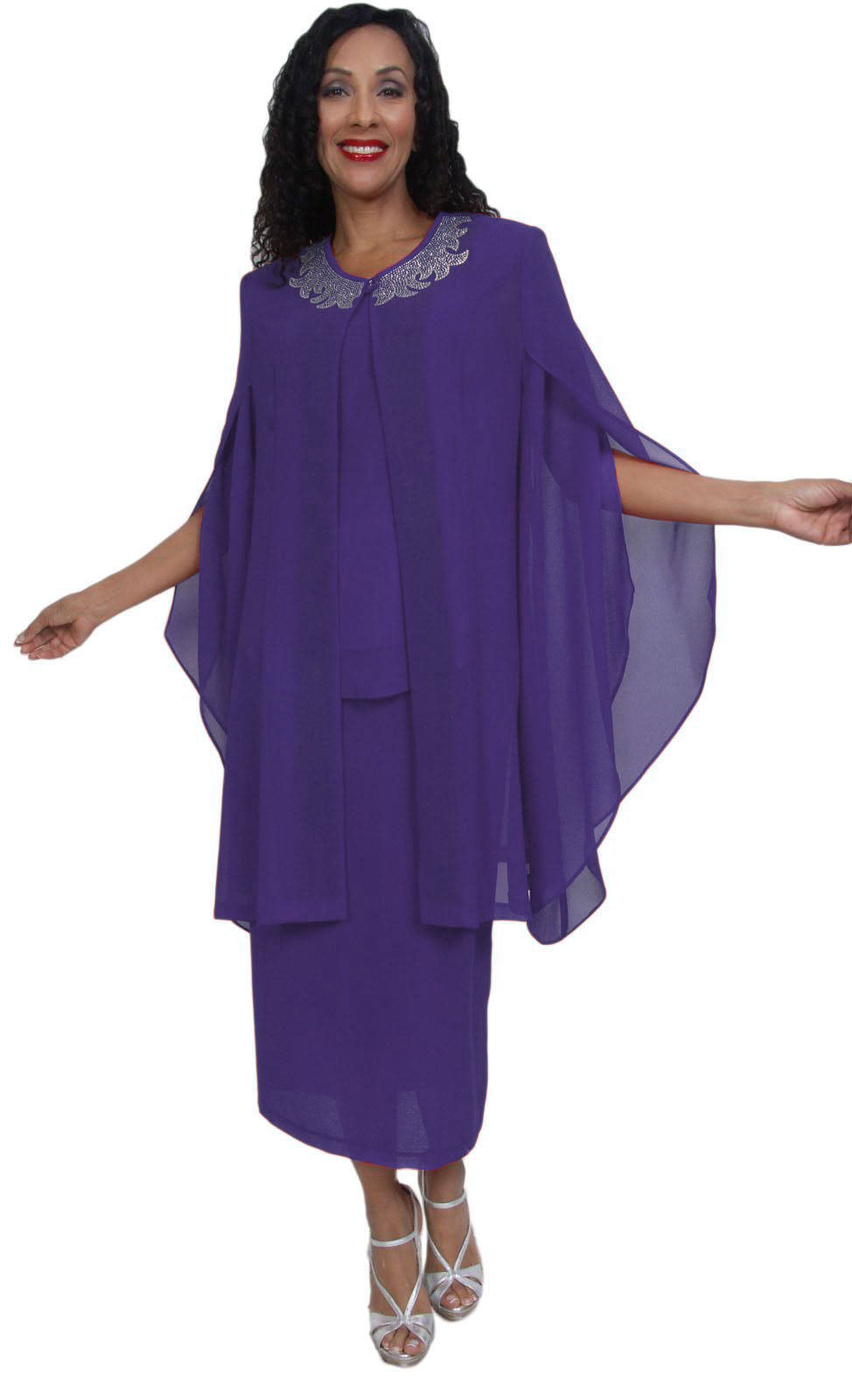 Hosanna 5024 Plus Size Purple 3 Piece Set Tea Length Dress