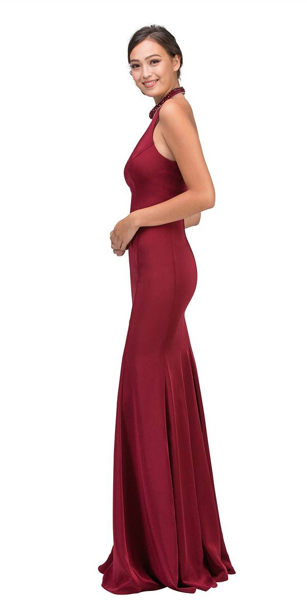 Burgundy Mermaid Prom Gown with Beaded Choker-Collar