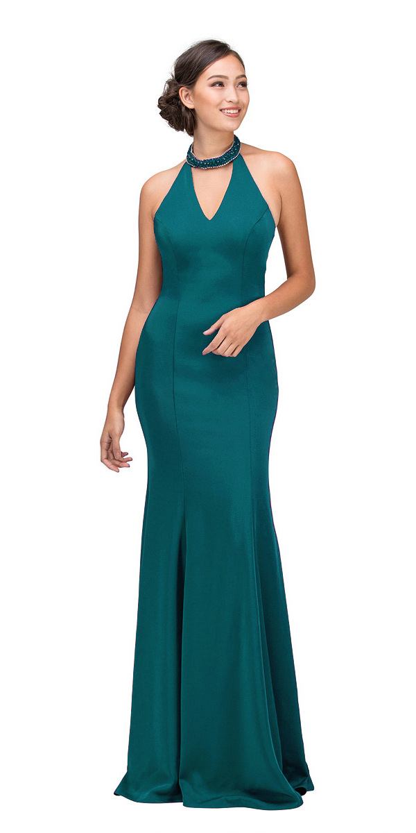 Hunter Green Mermaid Prom Gown with Beaded Choker-Collar