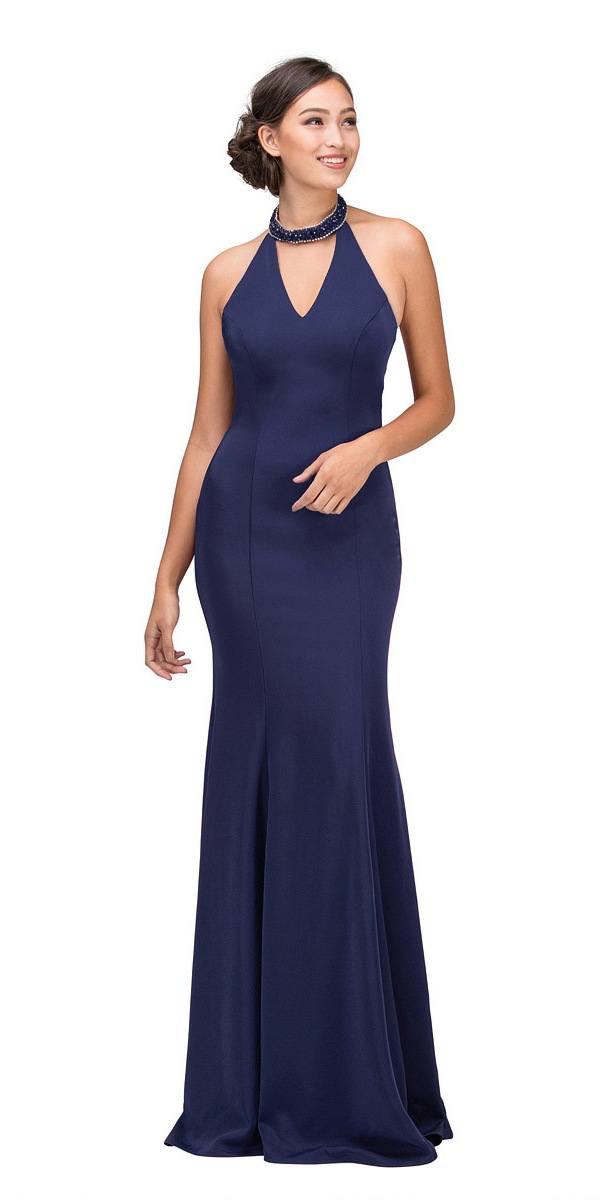 Navy Blue Mermaid Prom Gown with Beaded Choker-Collar